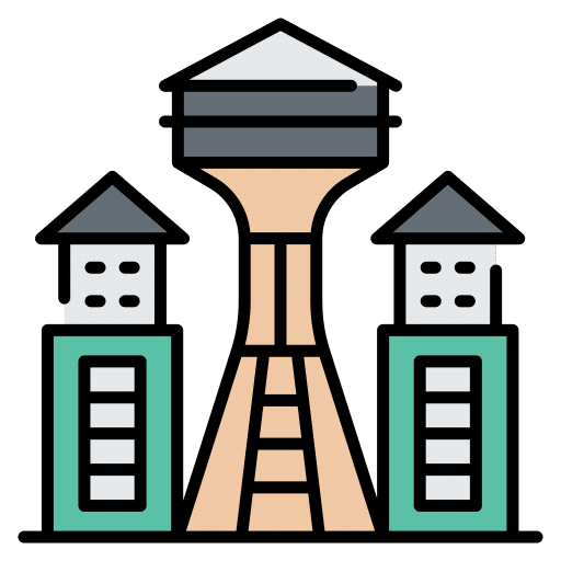 About Us 5 a drawing of buildings and a tower